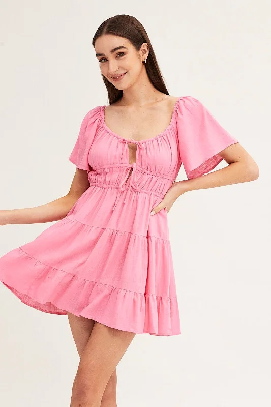 Pink Round Neck Short Sleeve Linen Blend Skater Dress