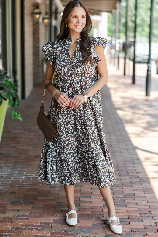 Just For Today Brown Ditsy Floral Midi Dress