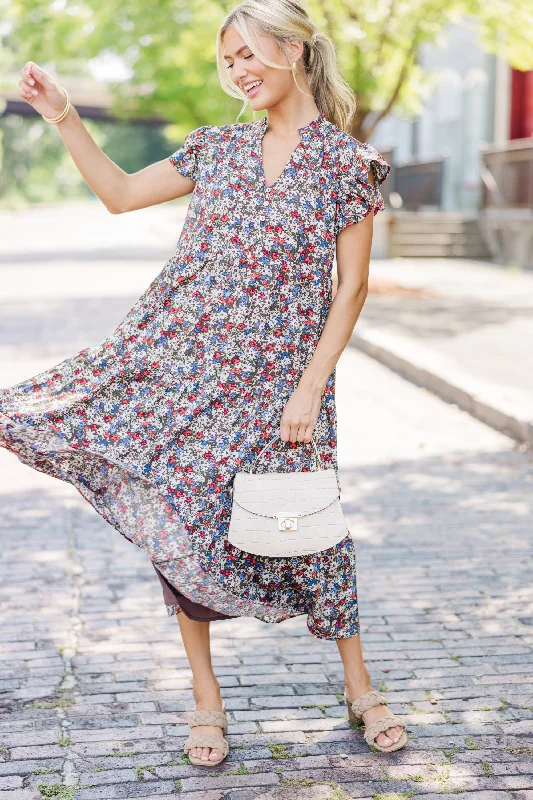 Just For Today Red Ditsy Floral Midi Dress