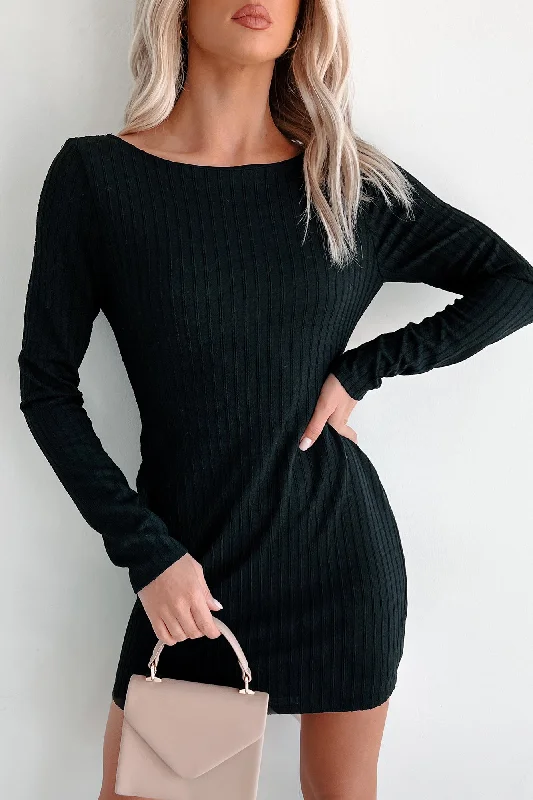 Wanna Be Loved Textured Knit Backless Mini Dress (Black)