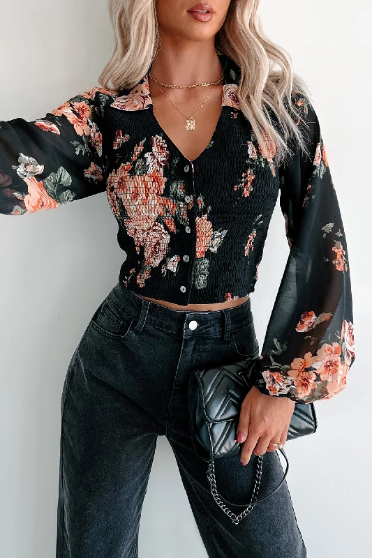 Fall Blooms Smocked Buttoned Floral Top (Black)