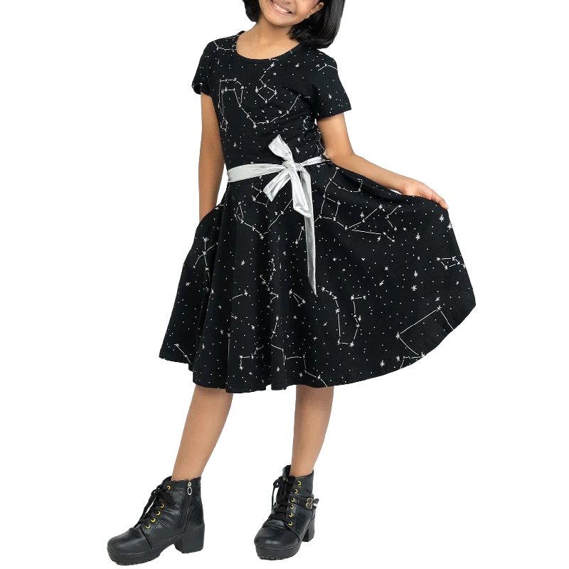 Constellations Glow-in-the-Dark Short Sleeve Kids Twirl Dress