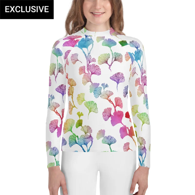 Rainbow Ginkgo Leaves Youth Rash Guard (POD)