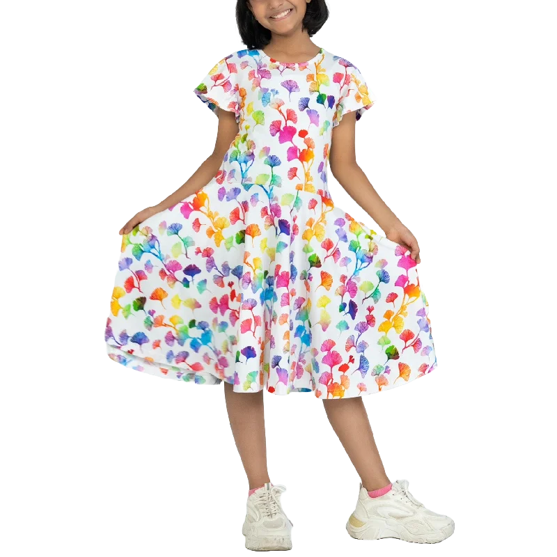 Rainbow Ginkgo Leaves Kids Twirl Dress