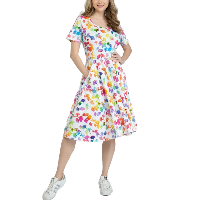 Rainbow Ginkgo Leaves Twirl Dress