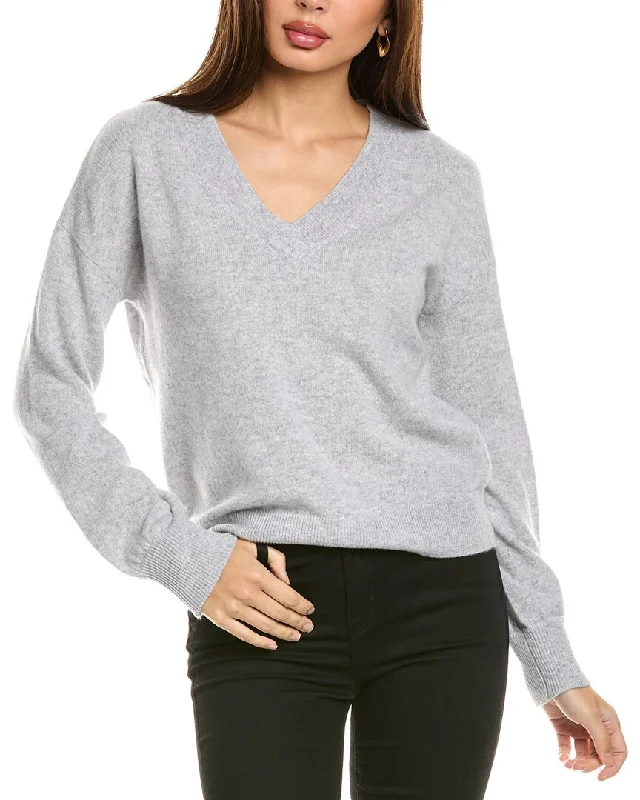 Forte Cashmere Gathered Sleeve V-Neck Cashmere Sweater