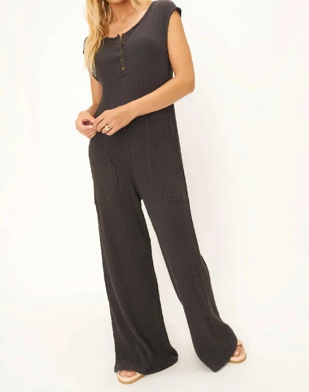 Frida Henley Sweater Rib Jumpsuit In Black