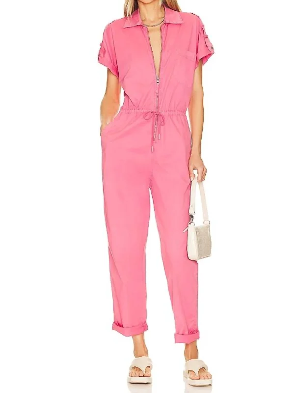 Jordan Short Sleeve Zip Front Jumpsuit In Pink Punch