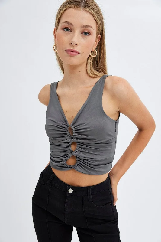 Grey Bralette Crop Top V Neck Keyholes Details