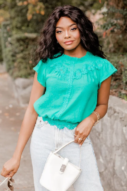 Stay Around Kelly Green Lace Trim Short Sleeve Blouse FINAL SALE