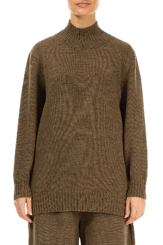 High Neck Khaki Knitted Wool Jumper